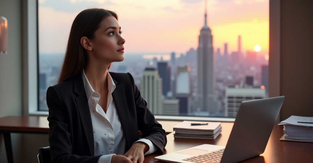"A young professional woman sits confidently at a desk with a cityscape view, exuding determination and AI automation skills through her work and passion."