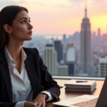 "A young professional woman sits confidently at a desk with a cityscape view, exuding determination and AI automation skills through her work and passion."