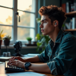 A young adult sits at a cluttered desk surrounded by computer hardware, books, and cryptocurrency publications, with hands poised to type on a gaming keyboard, exuding determination and curiosity about blockchain and crypto education, including AI automation skills.