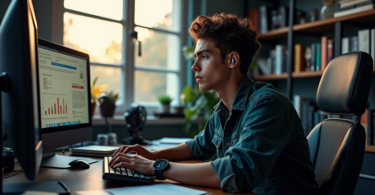 A young adult sits at a cluttered desk surrounded by computer hardware, books, and cryptocurrency publications, with hands poised to type on a gaming keyboard, exuding determination and curiosity about blockchain and crypto education, including AI automation skills.