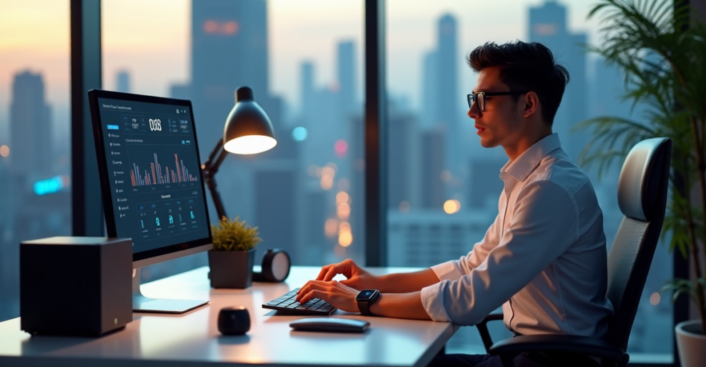 "A young professional sits confidently at a minimalist desk, surrounded by futuristic gadgets and a large monitor displaying an AI-powered career development dashboard."
