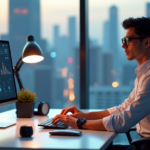 Future-Proof Your Career with Tomorrow's Essential Skills "A young professional sits confidently at a minimalist desk, surrounded by futuristic gadgets and a large monitor displaying an AI-powered career development dashboard."