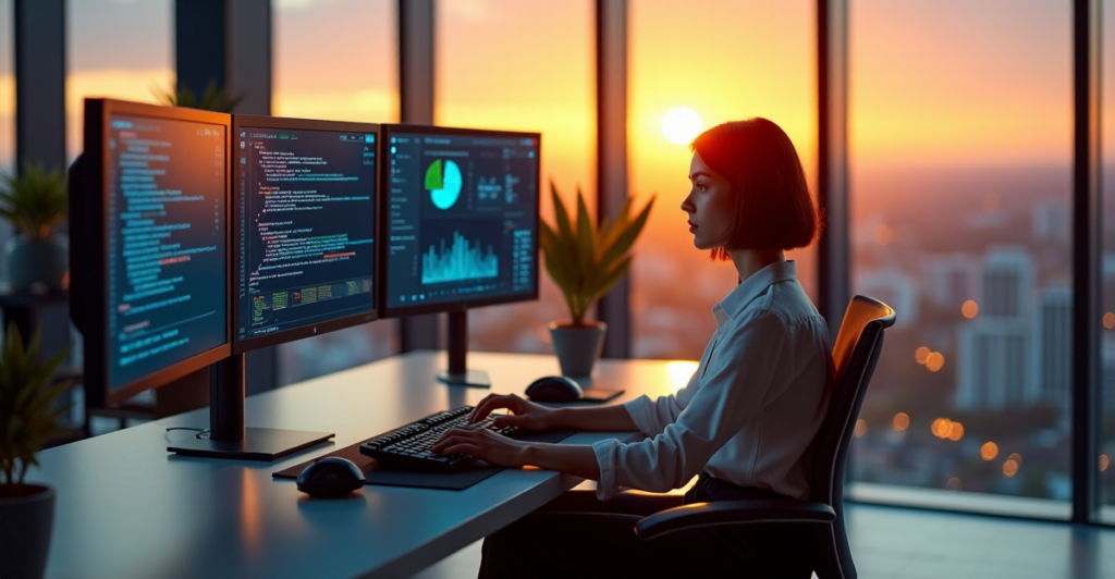 "A young woman sits confidently in front of a modern computer setup with multiple screens displaying coding interfaces, AI automation tools, and data analytics dashboards."