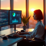 "A young woman sits confidently in front of a modern computer setup with multiple screens displaying coding interfaces, AI automation tools, and data analytics dashboards."