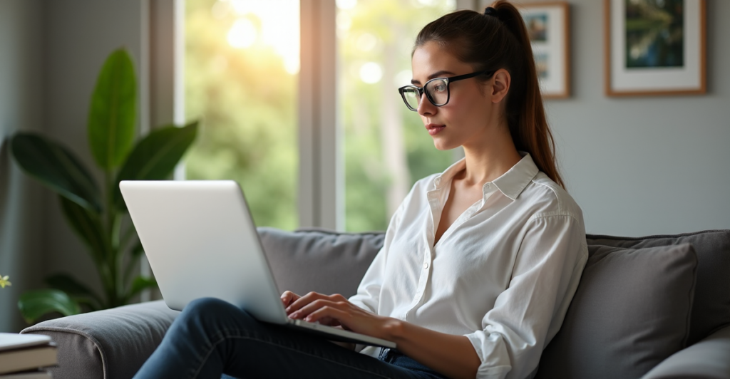 "A young professional woman sits calmly on a minimalist couch, laptop open, surrounded by plants and books on remote work productivity, exuding confidence and determination with AI automation skills in focus."