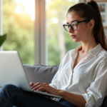 "A young professional woman sits calmly on a minimalist couch, laptop open, surrounded by plants and books on remote work productivity, exuding confidence and determination with AI automation skills in focus."