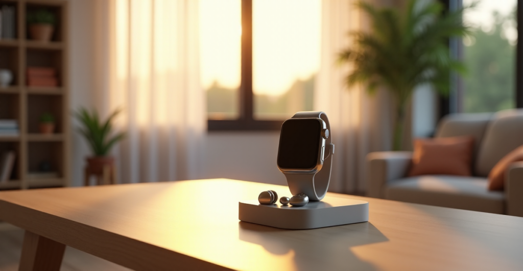 A sleek silver smartwatch on a minimalist desk in a modern living room with wireless earbuds charging dock, emphasizing future-proof skills through innovative tech accessories.