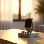 "Explore Unique Tech Accessories Revolutionizing Everyday Life" A sleek silver smartwatch on a minimalist desk in a modern living room with wireless earbuds charging dock, emphasizing future-proof skills through innovative tech accessories.