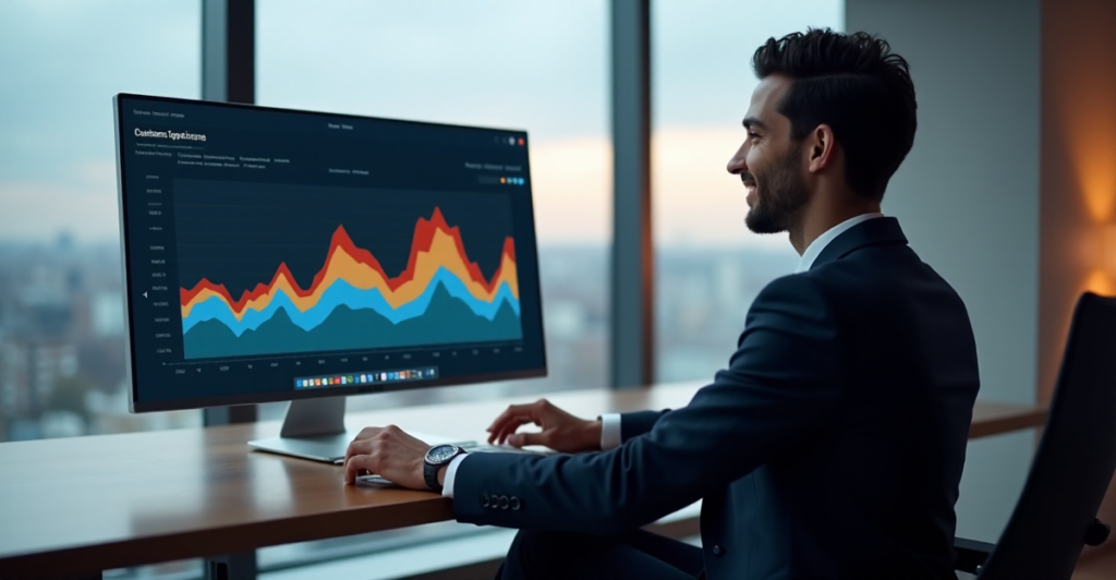 "A business professional sits behind a minimalist desk, gazing at AI-powered analytics insights on a large computer screen, conveying calm focus and future-proof skills in data-driven decision making."