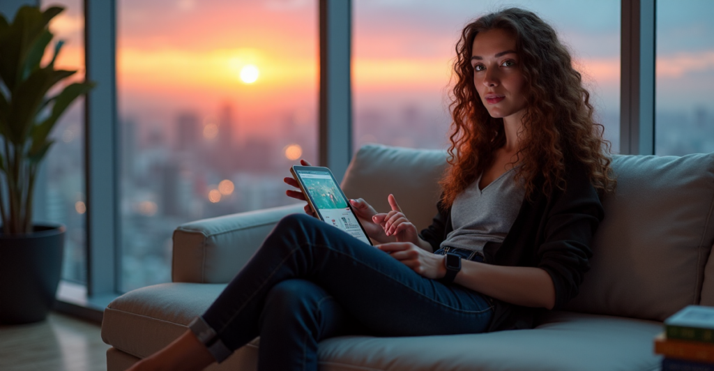 "Image of a young woman studying AI automation skills on her tablet in a modern learning space with futuristic city views."