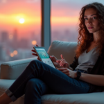 "Image of a young woman studying AI automation skills on her tablet in a modern learning space with futuristic city views."