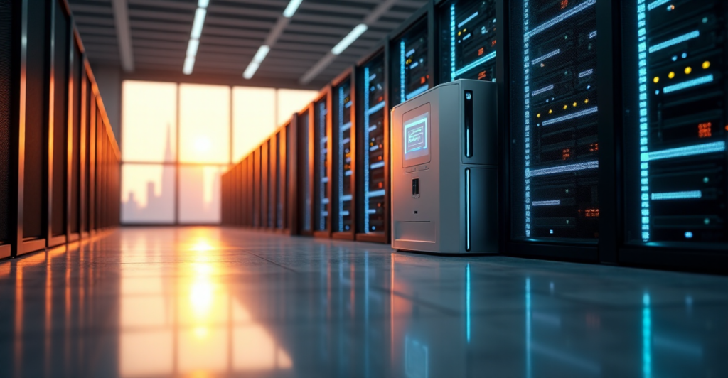 "A futuristic data center with a central AI analytics system surrounded by servers and storage units, bathed in warm golden light, conveying cutting-edge technology and innovation."