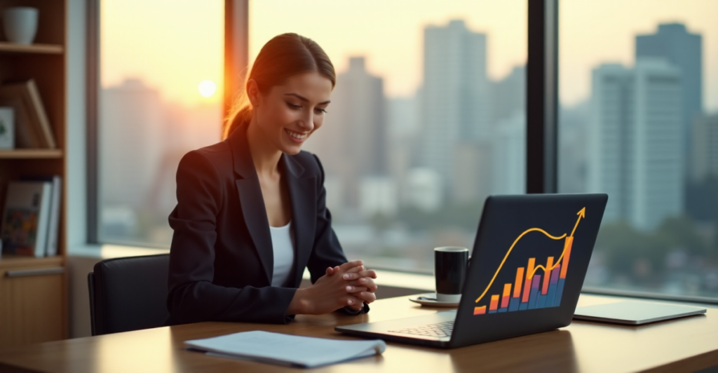 "A young professional woman sits at a desk, gazing at her laptop with a graph illustrating upward career growth, embodying emotional intelligence and future-proof skills."
