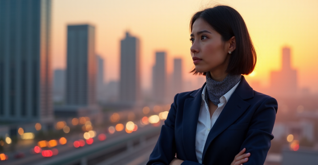 "A young professional woman stands confidently in front of a cityscape at sunset, embodying problem-solving, communication, and leadership skills amidst AI automation's evolving landscape."