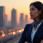 "A young professional woman stands confidently in front of a cityscape at sunset, embodying problem-solving, communication, and leadership skills amidst AI automation's evolving landscape."