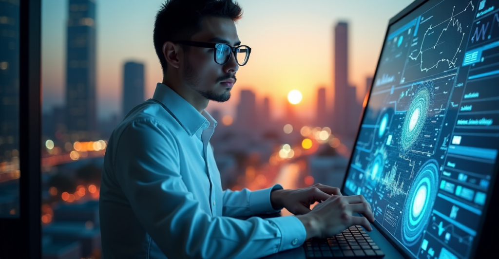 "A young professional sits confidently in front of a massive touchscreen display showcasing complex data visualizations, exuding calm focus and determination as they prepare to dive into AI-powered analytics with advanced automation skills."