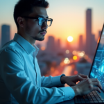 "A young professional sits confidently in front of a massive touchscreen display showcasing complex data visualizations, exuding calm focus and determination as they prepare to dive into AI-powered analytics with advanced automation skills."