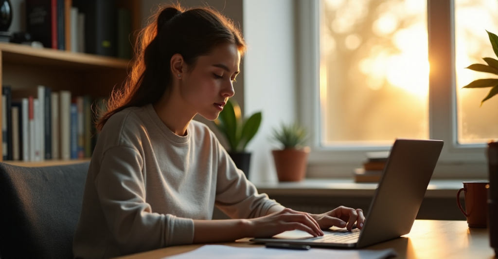 "A young adult sits in a minimalist home office, intently focused on an AI-powered learning platform, developing AI automation skills with ease."