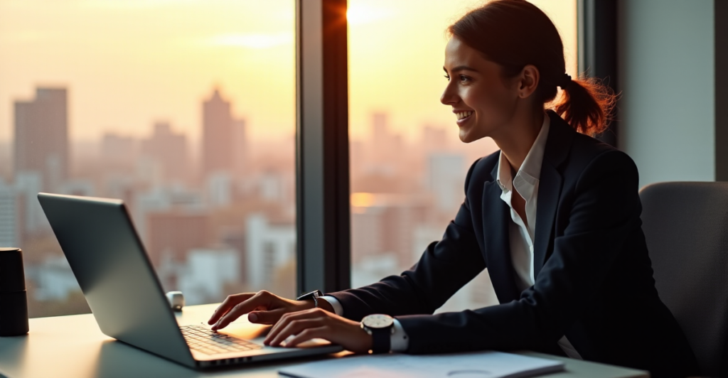 "A young professional sits at a minimalist desk, hands poised on an AI-powered laptop, surrounded by automation tools in a streamlined workspace with a cityscape view."
