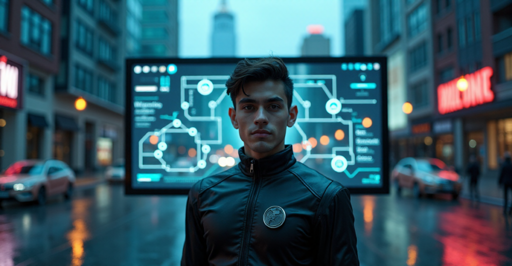 "A young adult in a sleek black cybersecurity suit stands confidently in front of a futuristic cityscape at dusk, intensely focused on a high-resolution network diagram behind them."
