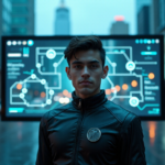 "A young adult in a sleek black cybersecurity suit stands confidently in front of a futuristic cityscape at dusk, intensely focused on a high-resolution network diagram behind them."