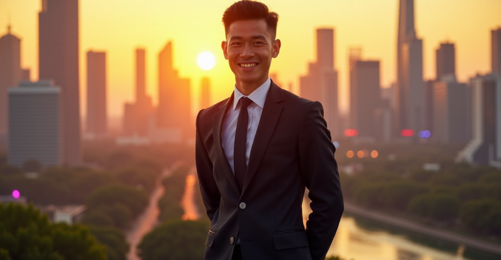 "A young professional stands confidently in front of a futuristic cityscape at sunset, conveying determination and optimism amidst AI automation skills and innovation."