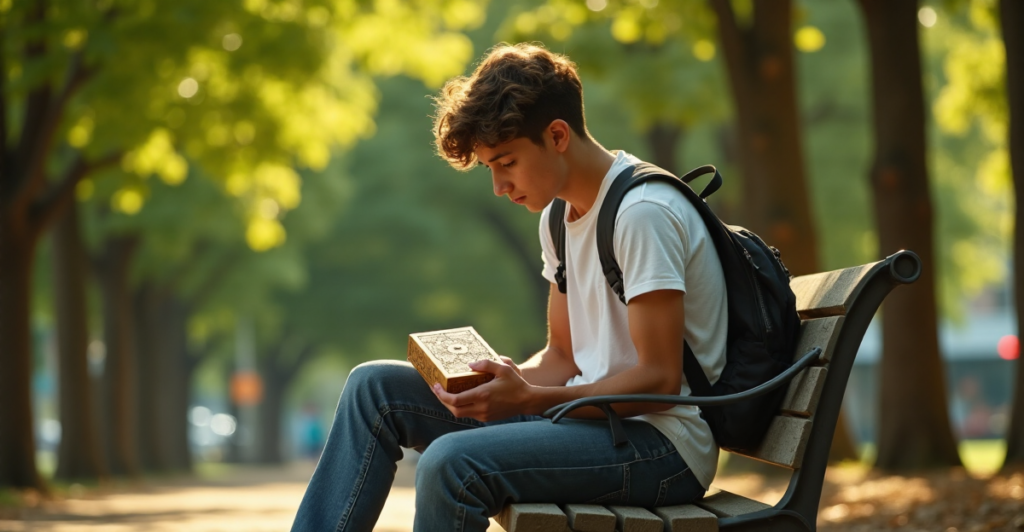"A young adult sits on a wooden bench in a lush park, intently studying a intricately designed wooden puzzle box with blockchain-inspired patterns."