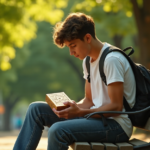 "A young adult sits on a wooden bench in a lush park, intently studying a intricately designed wooden puzzle box with blockchain-inspired patterns."