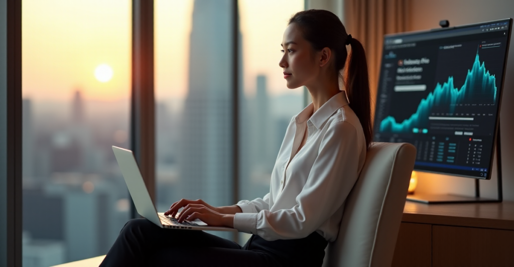 "A young professional woman sits calmly in a modern home office, surrounded by AI automation skills data on her laptop and monitor, with a serene cityscape outside."