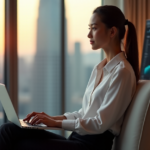 "Unlock Efficient Remote Work Mastery with Proven AI Automation Skills" "A young professional woman sits calmly in a modern home office, surrounded by AI automation skills data on her laptop and monitor, with a serene cityscape outside."