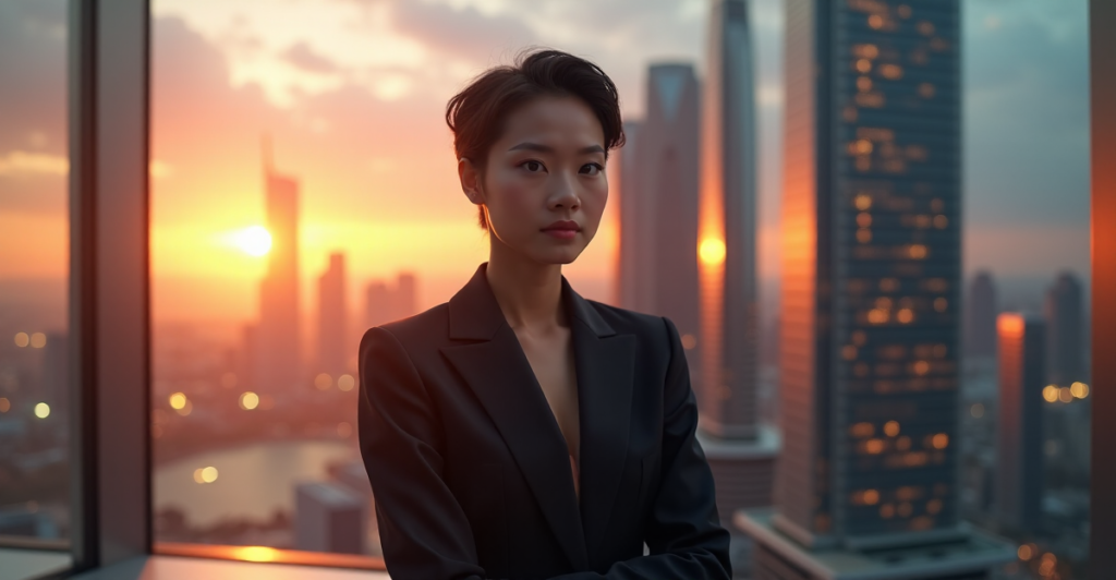 "A young professional stands confidently in front of a futuristic cityscape at dusk, embodying determination and focus with future-proof skills guiding their path."