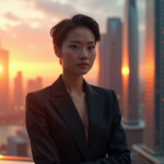 Future-Proof Your Career with Tomorrow's Essential Skills and Competencies "A young professional stands confidently in front of a futuristic cityscape at dusk, embodying determination and focus with future-proof skills guiding their path."