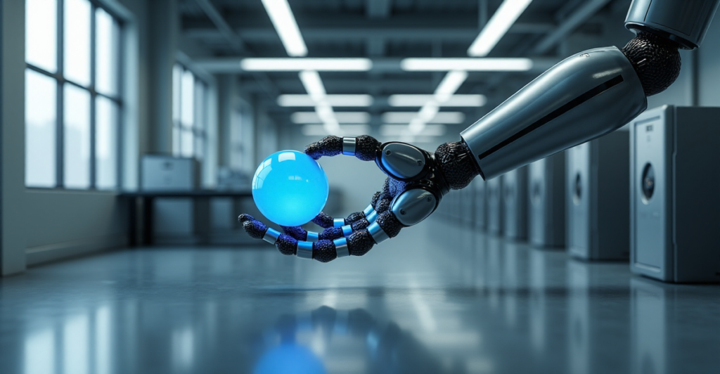 "A futuristic robotic arm in a high-tech lab delicately manipulates a glowing blue orb amidst humming servers and natural light."