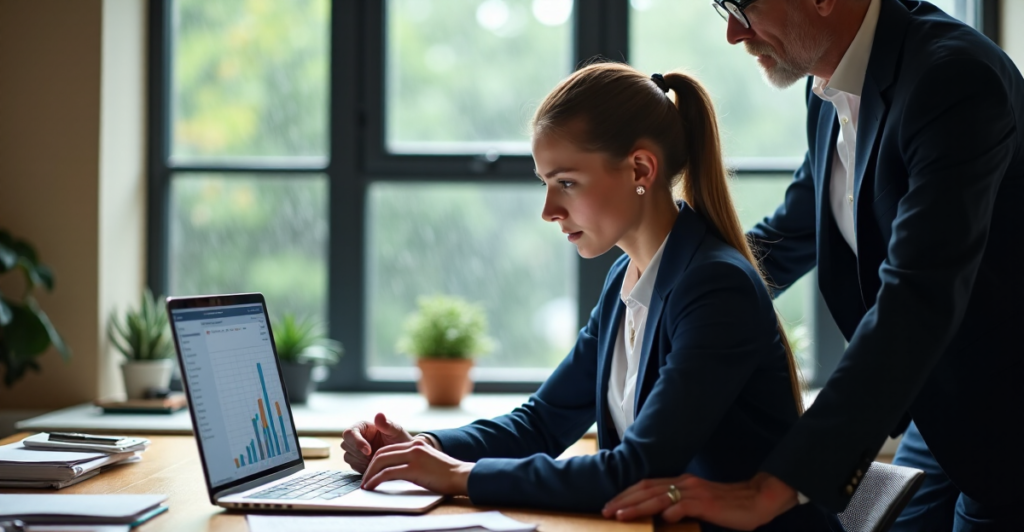 "A young professional receives guidance from an older mentor while reviewing a spreadsheet displaying upward growth trends, symbolizing future-proof skills development."