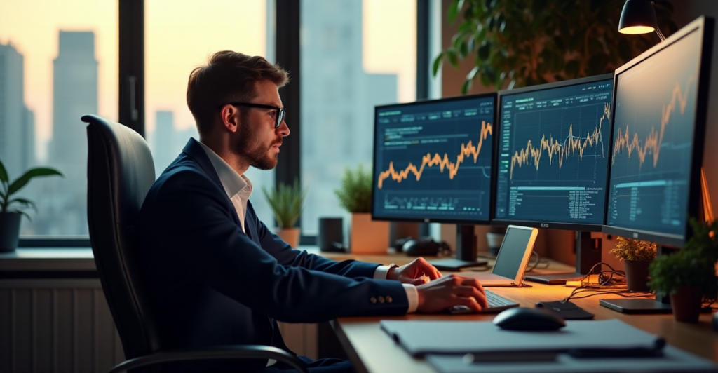 "A data scientist intensely focuses on AI-powered tools and analytics software, surrounded by multiple high-resolution monitors displaying complex data visualizations in a modern office environment."