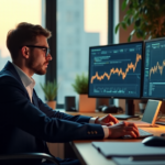 "A data scientist intensely focuses on AI-powered tools and analytics software, surrounded by multiple high-resolution monitors displaying complex data visualizations in a modern office environment."