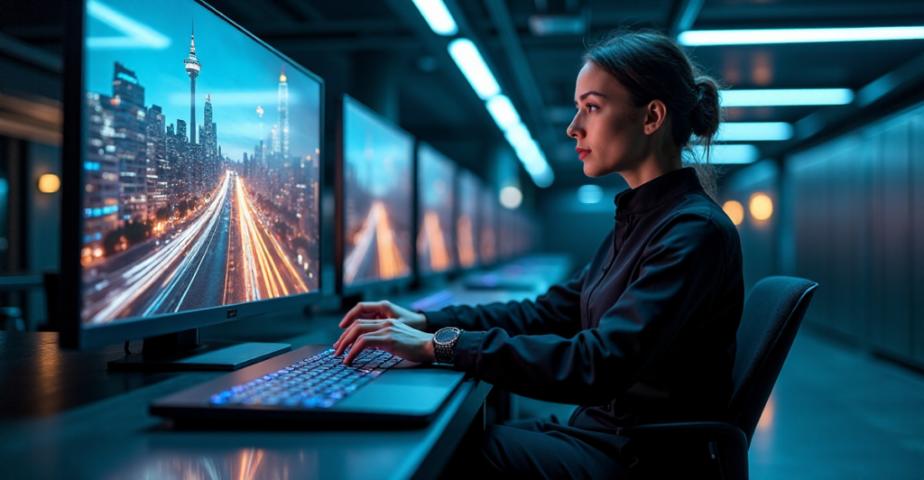 "A cybersecurity expert sits confidently in a high-tech lab, navigating complex virtual networks with AI automation skills, amidst a cityscape on a massive digital screen."
