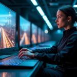 "A cybersecurity expert sits confidently in a high-tech lab, navigating complex virtual networks with AI automation skills, amidst a cityscape on a massive digital screen."