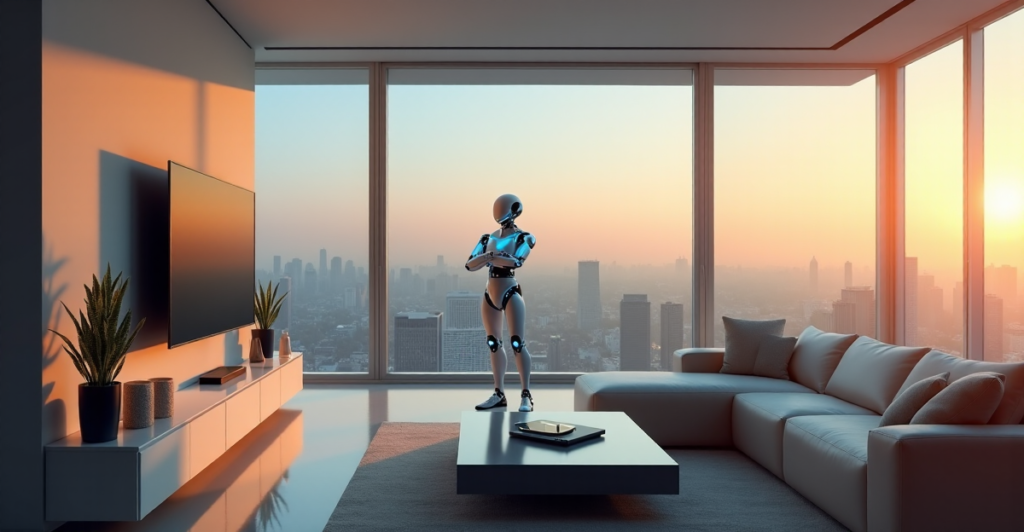 "Image of a futuristic smart home with AI-powered robot assistant overseeing various devices in a modern living room."