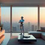 "Image of a futuristic smart home with AI-powered robot assistant overseeing various devices in a modern living room."