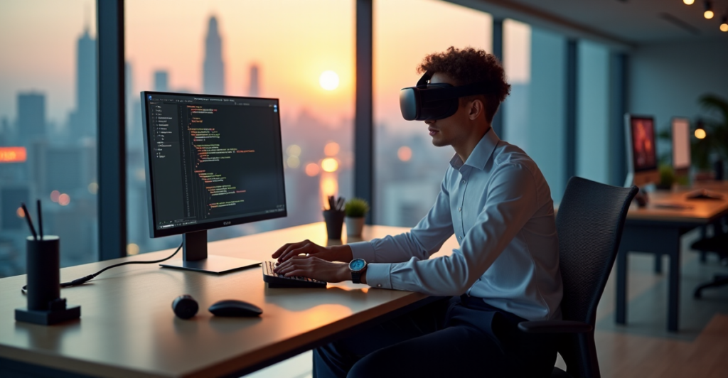 "A young professional sits confidently at a desk, intensely focusing on AI automation skills development with code editor and VR headset."