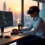 "A young professional sits confidently at a desk, intensely focusing on AI automation skills development with code editor and VR headset."