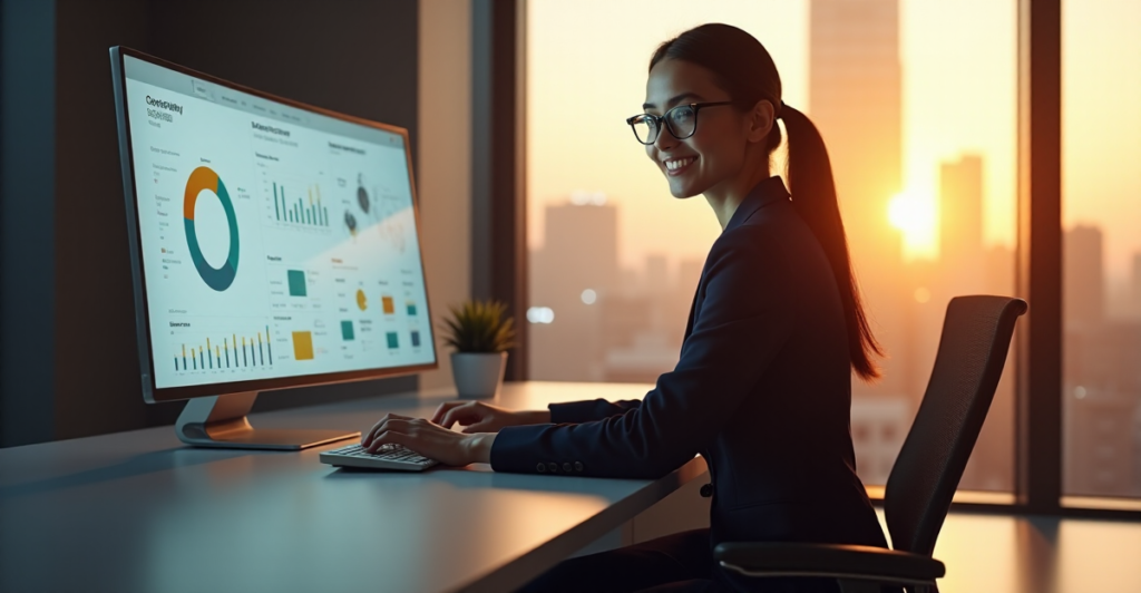 "A young professional woman sits confidently at a modern desk in front of an AI-powered career dashboard, surrounded by high-tech office space with city views."