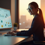 "Mastering Career Advancement Strategies Through Social Media and AI Automation" "A young professional woman sits confidently at a modern desk in front of an AI-powered career dashboard, surrounded by high-tech office space with city views."