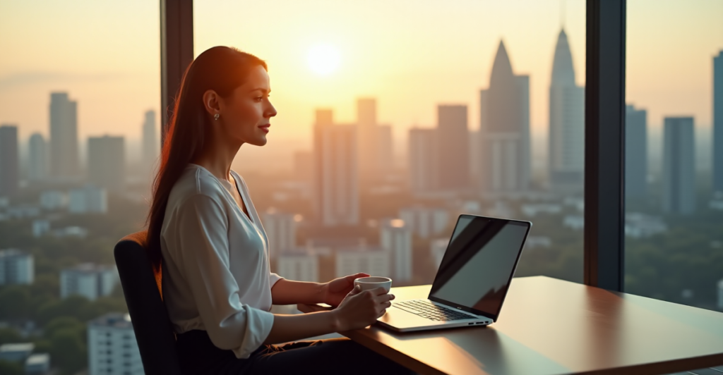 "A young professional woman sits confidently at a minimalist desk, gazing out at a breathtaking cityscape during golden hour, laptop and coffee cup in hand, embodying balance and AI Automation Skills."