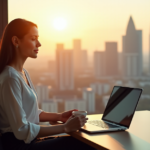 "Thriving in Freelancing: Unlock Long-Term Career Success with AI-Driven Skills" "A young professional woman sits confidently at a minimalist desk, gazing out at a breathtaking cityscape during golden hour, laptop and coffee cup in hand, embodying balance and AI Automation Skills."