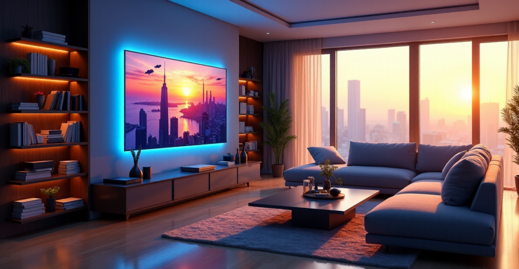 "A modern living room with a high-tech smart home system featuring a large touchscreen display, colorful LED lights, and cutting-edge tech gadgets, showcasing AI automation skills in action."