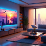 "A modern living room with a high-tech smart home system featuring a large touchscreen display, colorful LED lights, and cutting-edge tech gadgets, showcasing AI automation skills in action."