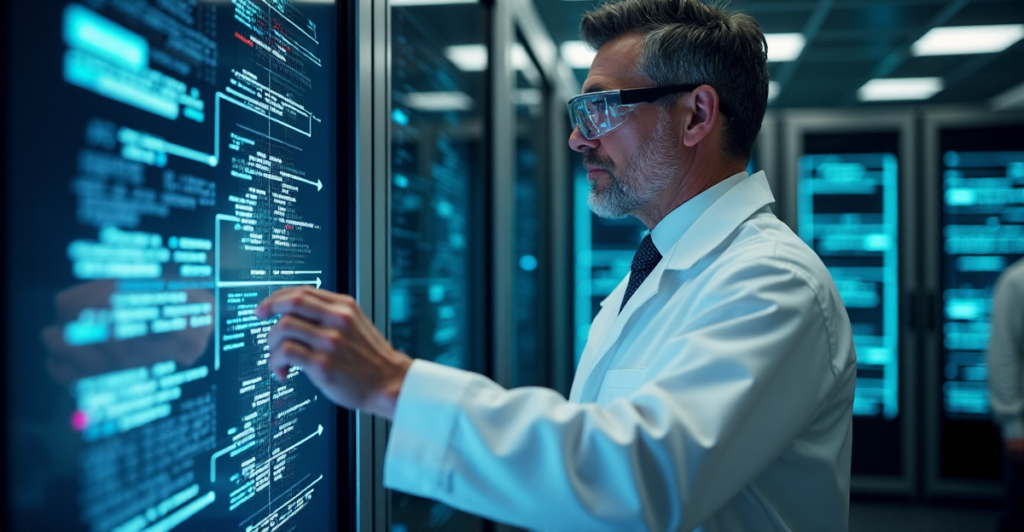 "A middle-aged scientist in a lab coat stands before a server rack, hands on a touchscreen display showing a blockchain network diagram, surrounded by high-tech equipment."