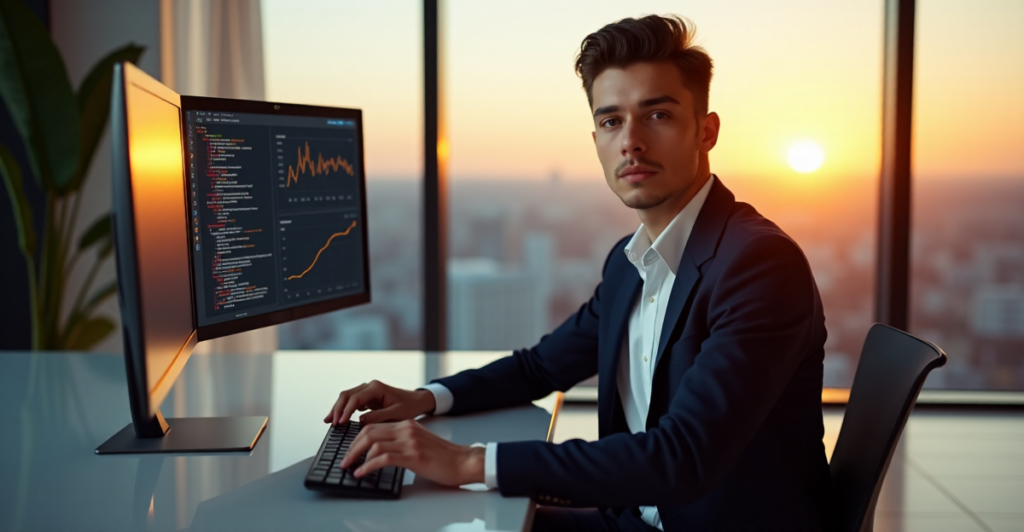 "A young professional sits confidently at a desk, mastering AI automation with coding expertise, future-proofing their gig economy success."